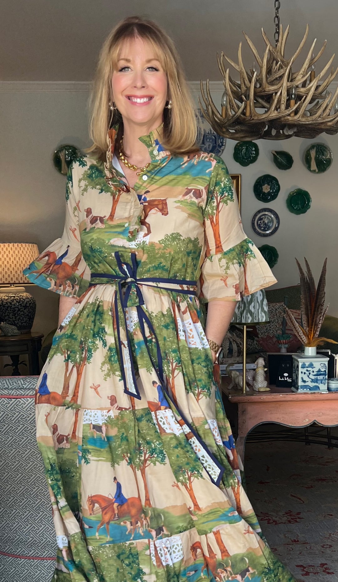 Caroline Ruffled Collar Blockprint Maxi Dress in Hunt Club |  Dress - Miss Madigan | Women&