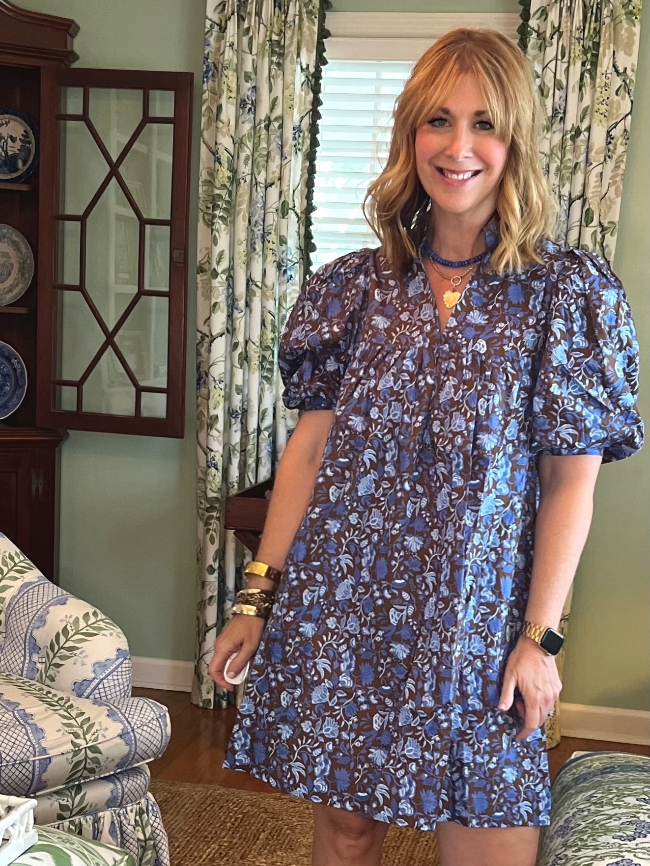 Brucie Floral Swing Dress in Blue & Brown