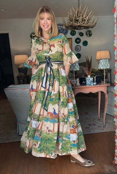 Caroline Ruffled Collar Blockprint Maxi Dress in Hunt Club