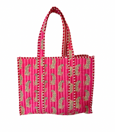Block Print Pink Cheetah Quilted Tote