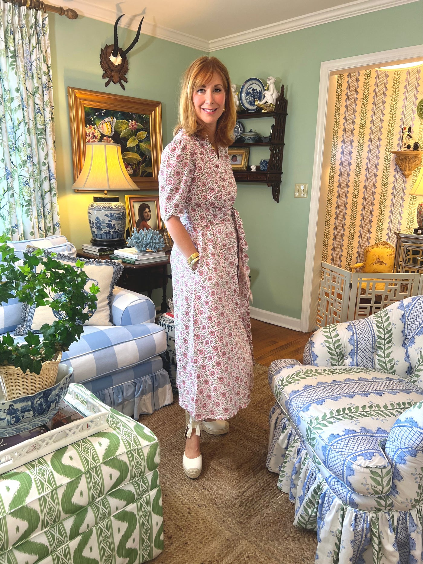 Worth Block Print Scalloped Midi Dress in Pink Fields