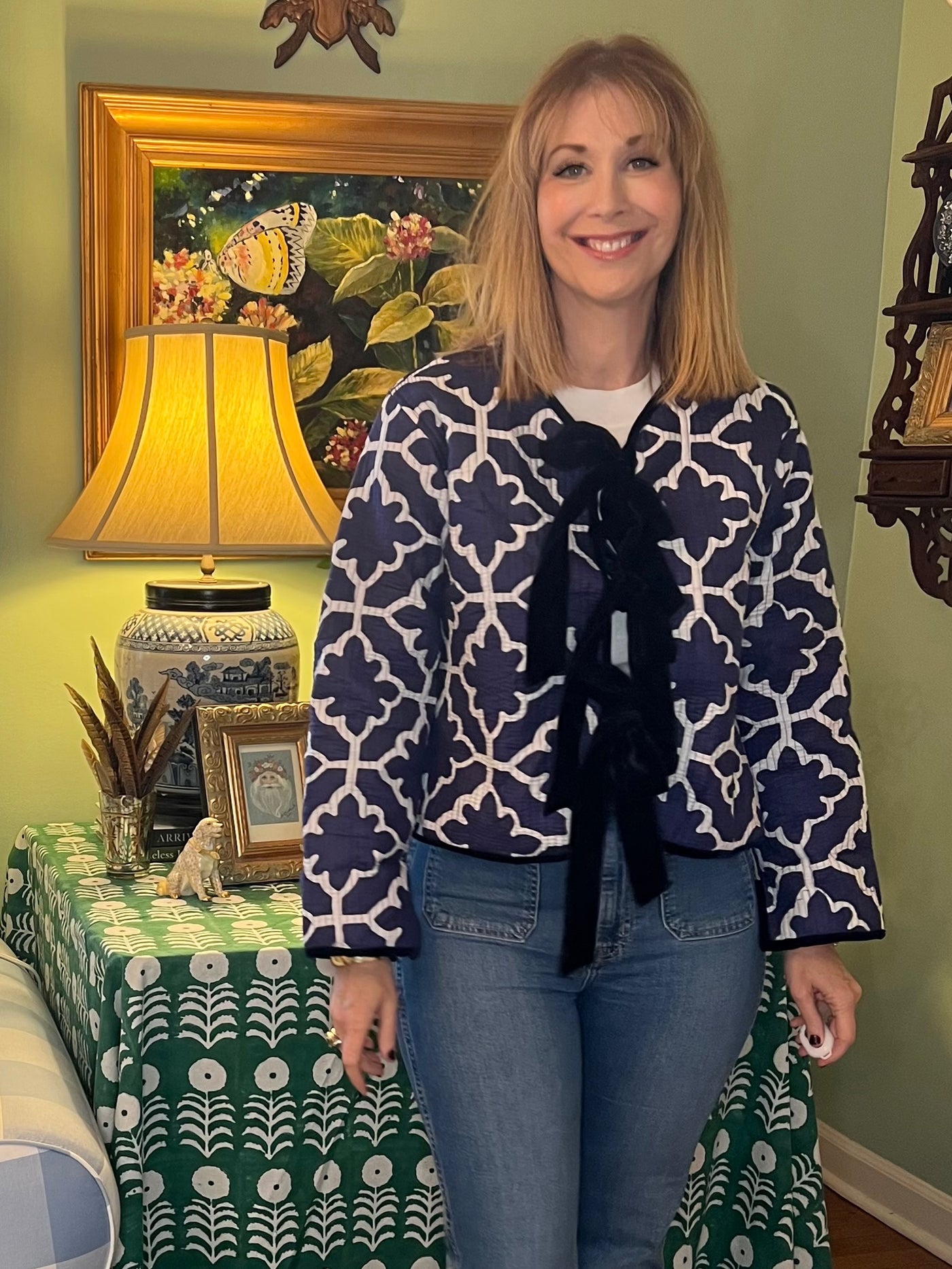 Tatum Quilted Block Print Jacket with Velvet in Blue & White