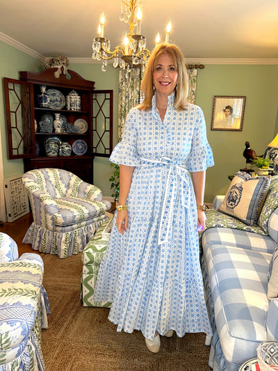 Caroline Ruffled Collar Blockprint Maxi Dress in Blue Basketweave