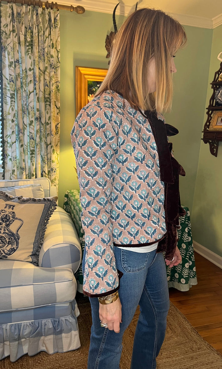 Tatum Quilted Block Print Jacket with Velvet in Blue &amp; Brown |  Jackets - Miss Madigan | Women&