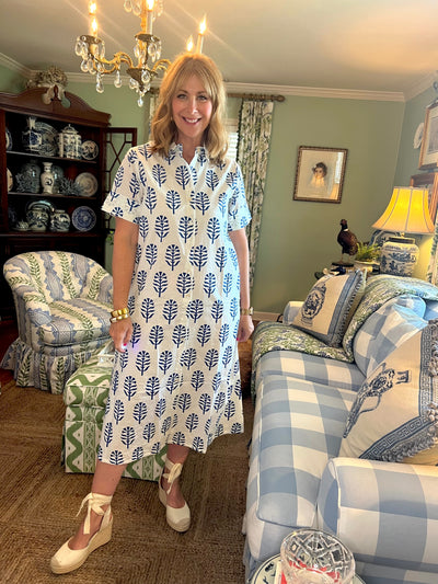 Aerin Block Print Cuffed Midi Dress in Blue