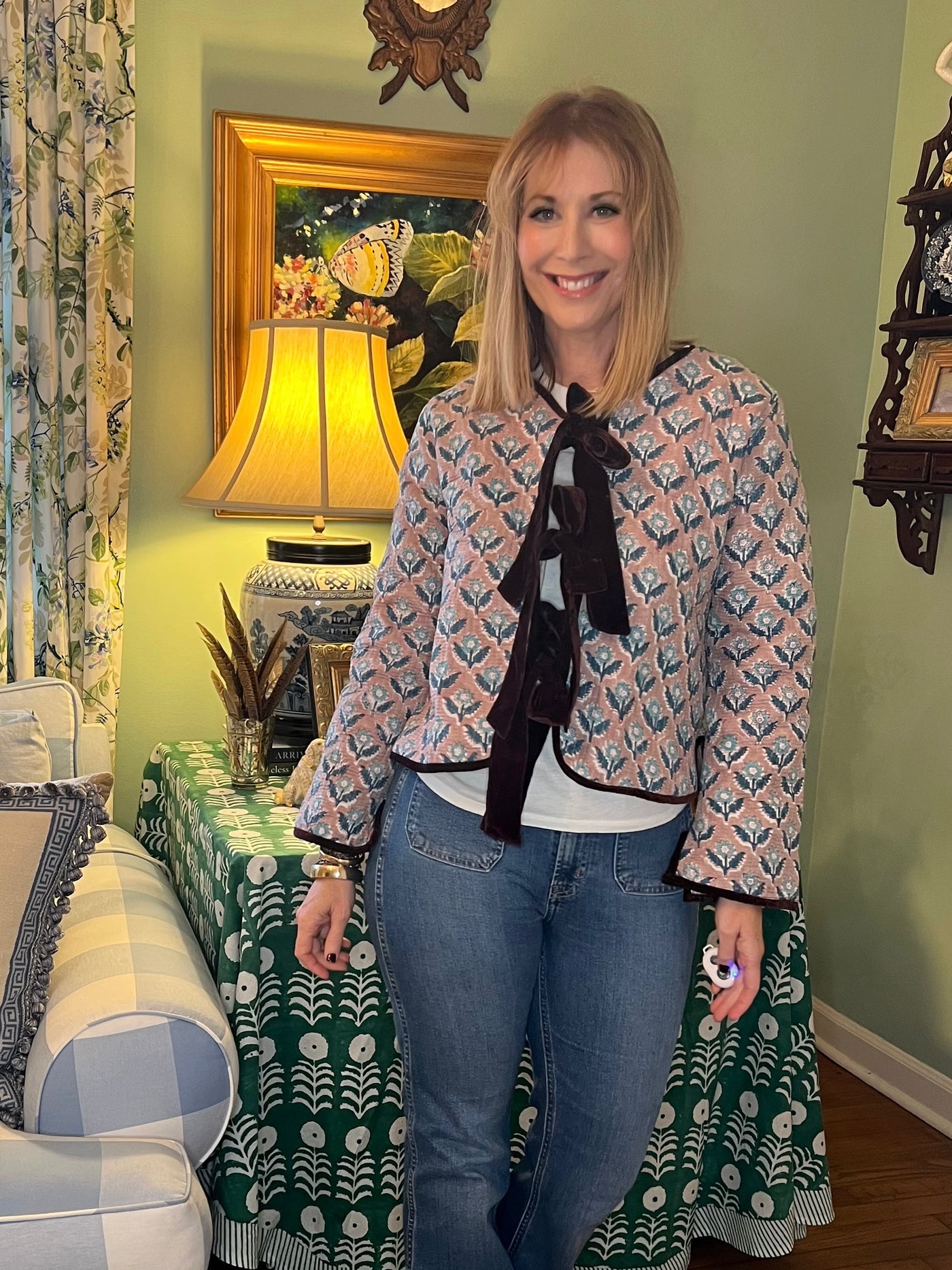 Tatum Quilted Block Print Jacket with Velvet in Blue & Brown