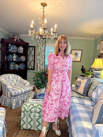 Worth Block Print Scalloped Midi Dress in Pink Toile