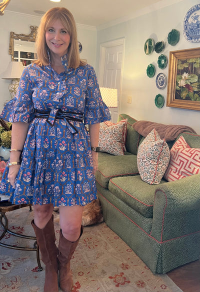 Caroline Ruffled Collar Blockprint Mini Dress in Blue Chinoiserie