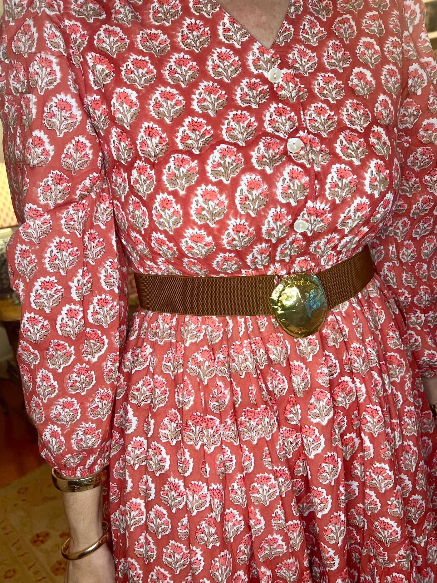 Taylor Blockprint Midi Dress in Orange/Brown