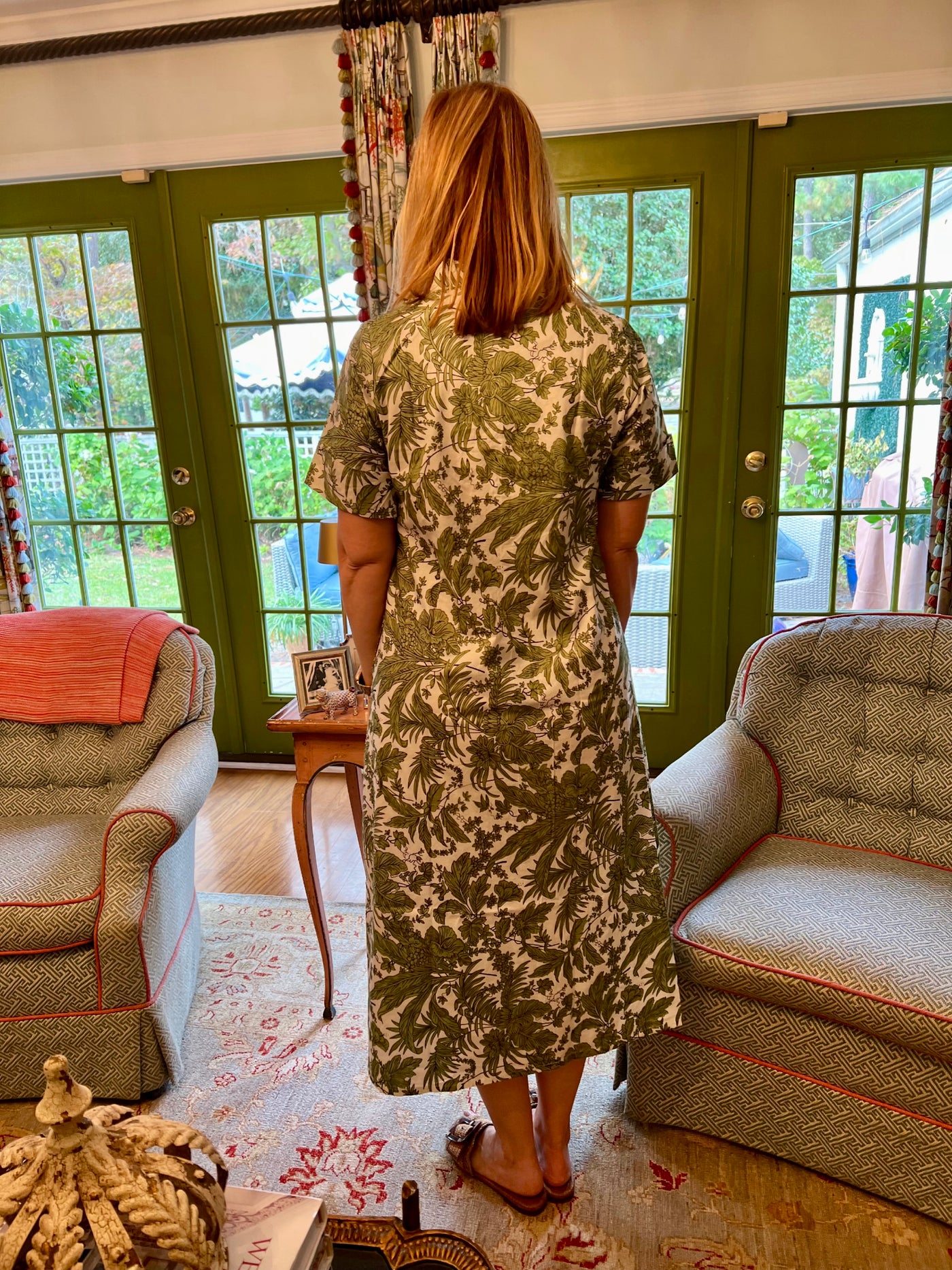 Aerin Block Print Cuffed Midi Dress in Green Toile