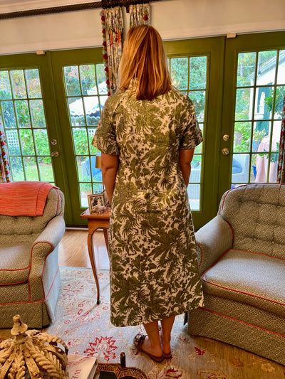 Aerin Block Print Cuffed Midi Dress in Green Toile