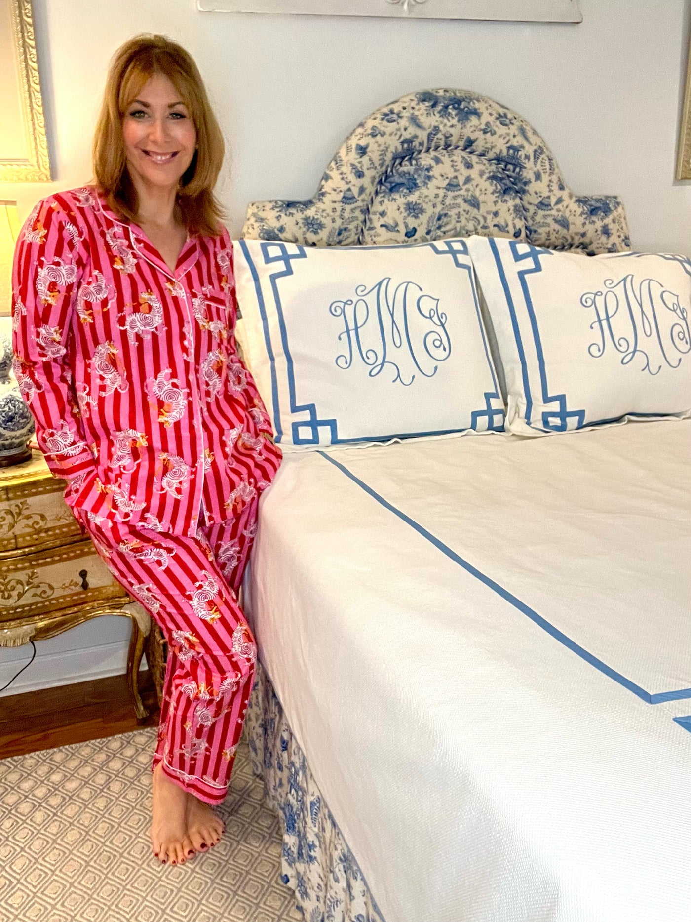 Dancing Tiger Blockprint Pajama Set in Pink & Red