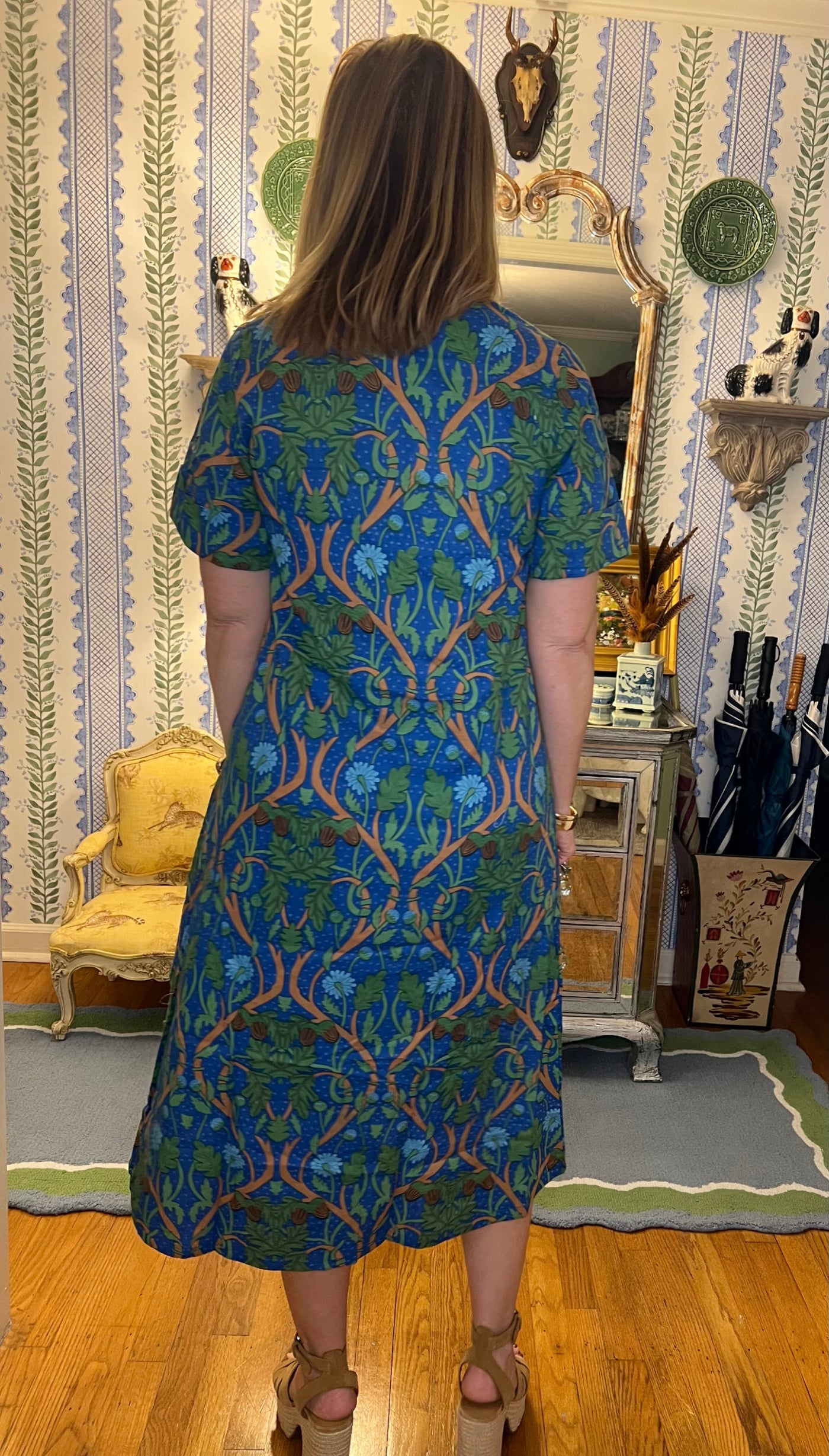 Aerin Block Print Cuffed Midi Dress in Blue Harvest