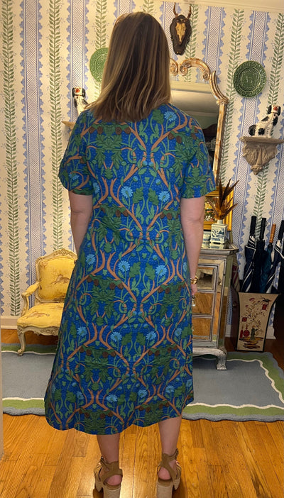Aerin Block Print Cuffed Midi Dress in Blue Harvest