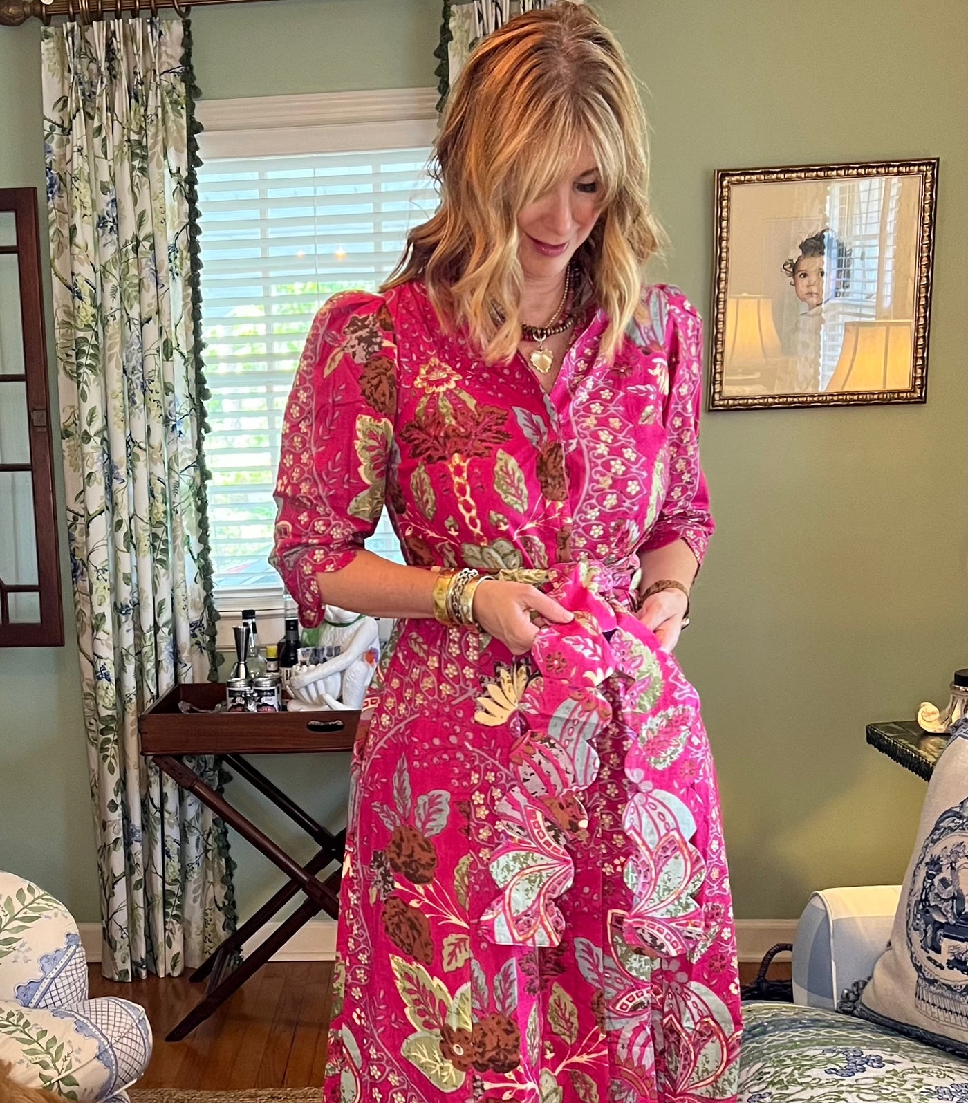 Worth Block Print Scalloped Midi Dress in Pink & Brown