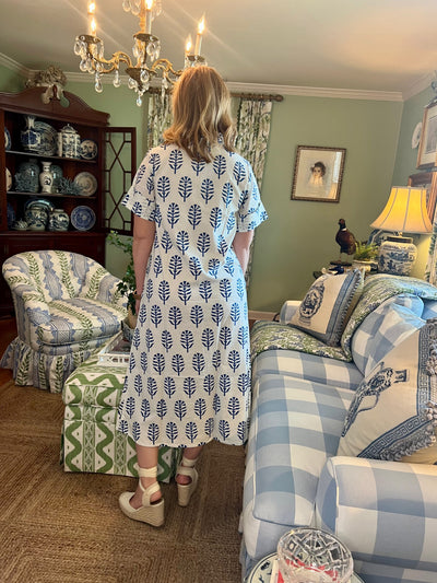 Aerin Block Print Cuffed Midi Dress in Blue