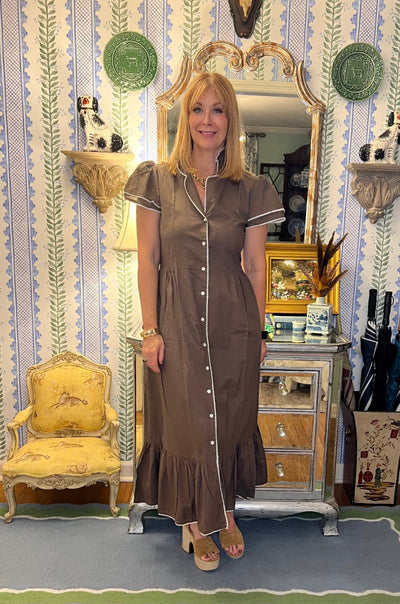Heather Collar Blockprint Maxi Dress in Brown