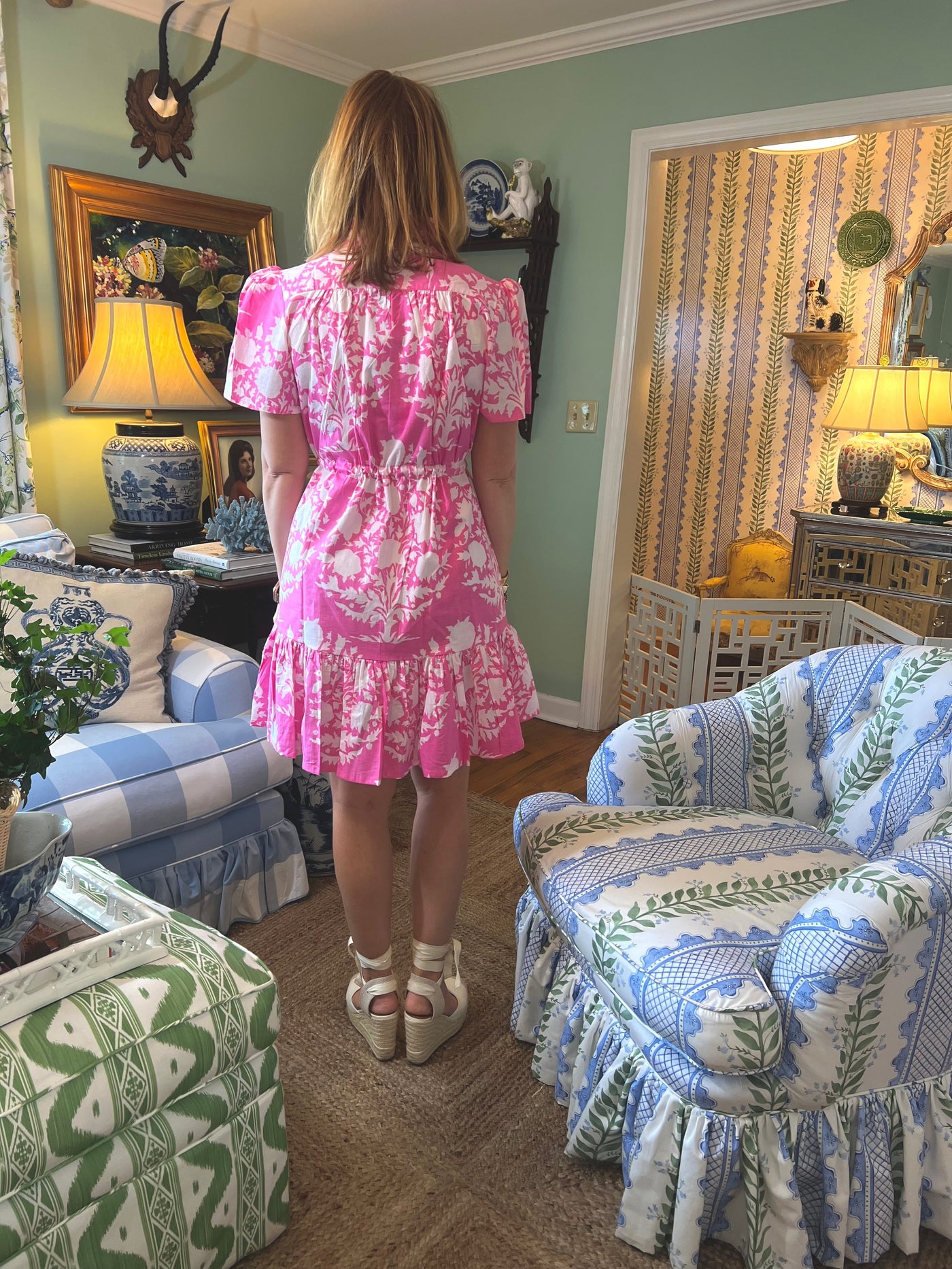 Portofino Block Print Drawstring Mini Dress in Pink