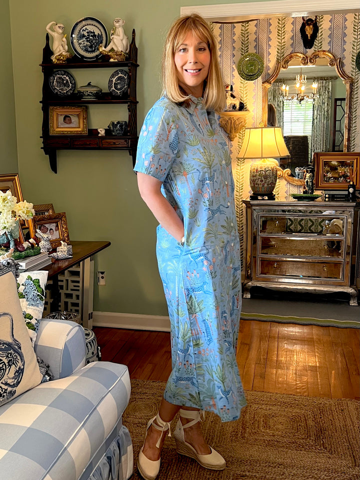 Aerin Block Print Cuffed Midi Dress in Blue Jungle |  Dress - Miss Madigan | Women&