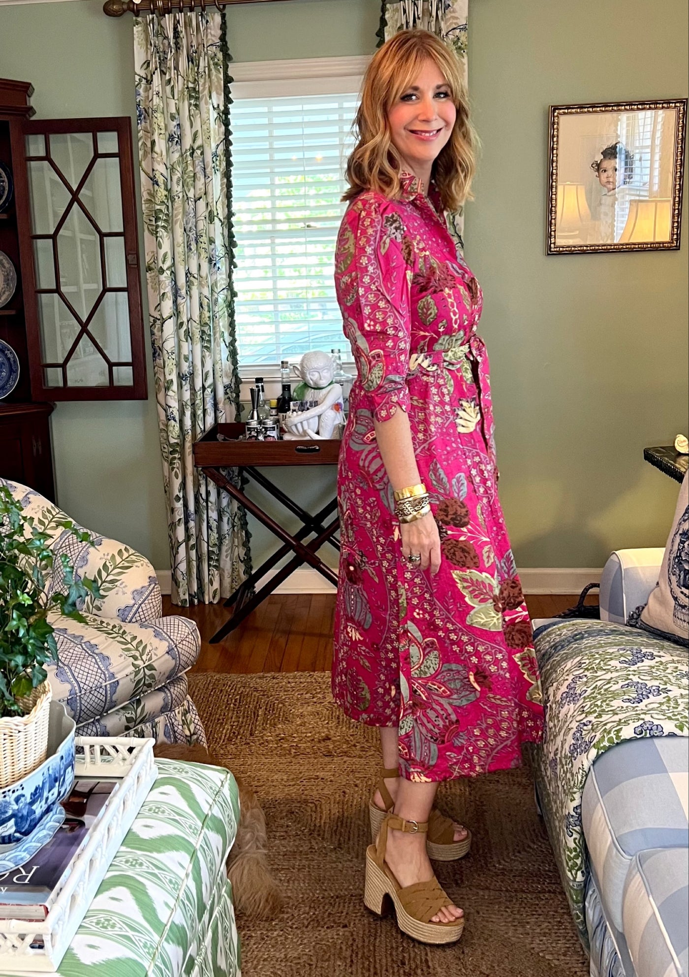 Worth Block Print Scalloped Midi Dress in Pink & Brown