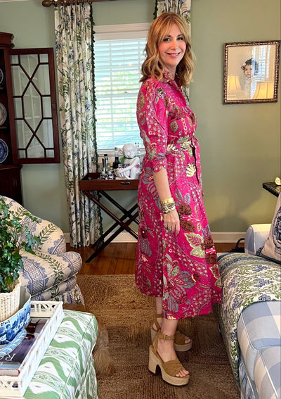 Worth Block Print Scalloped Midi Dress in Pink & Brown