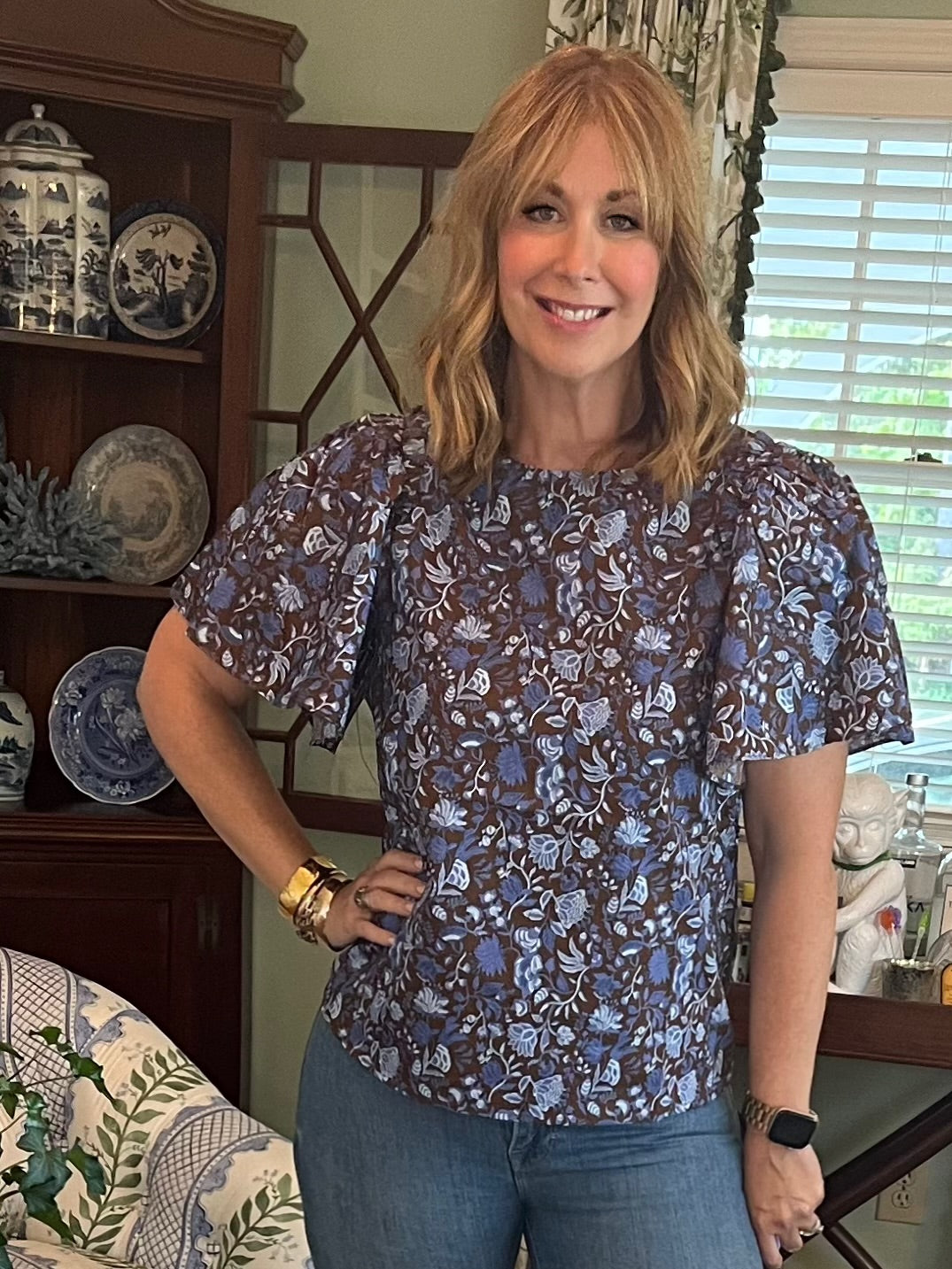 Bailey Floral Top in Blue & Brown