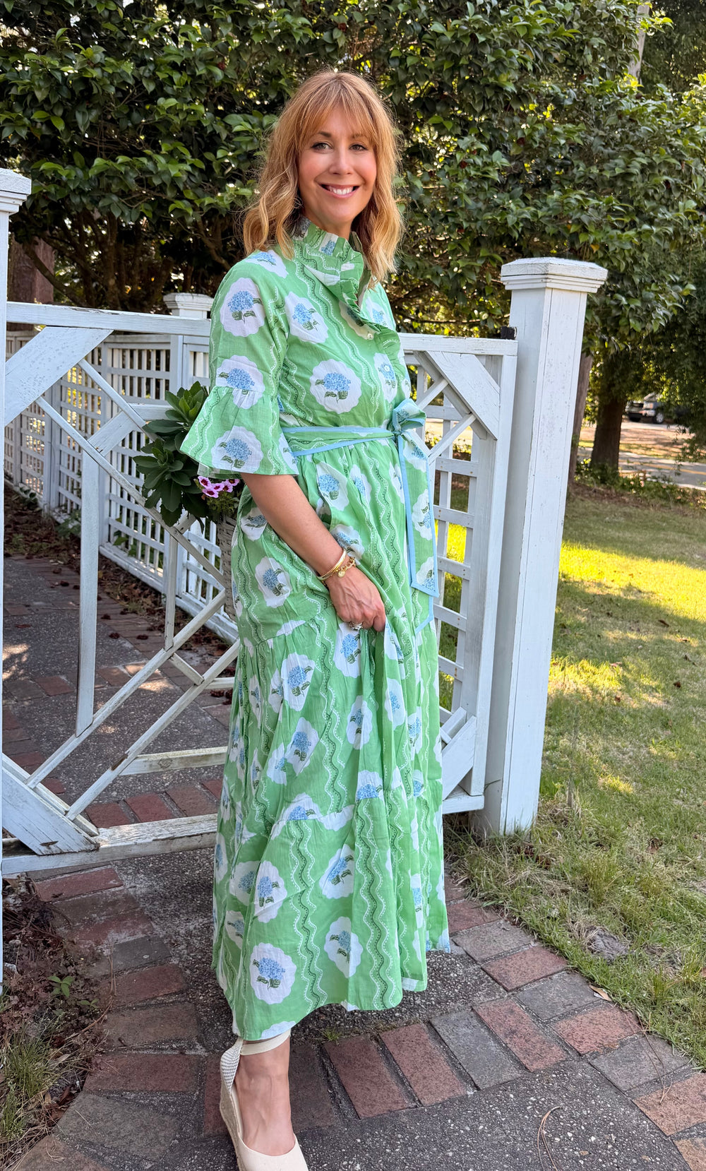 Caroline Ruffled Collar Block Print Maxi Dress in Green Hydrangea |  Dress - Miss Madigan | Women's Fashion Boutique