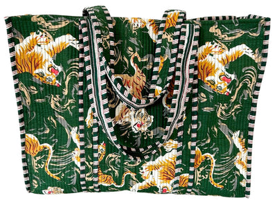 Block Print Green Tibetan Tiger Quilted Tote