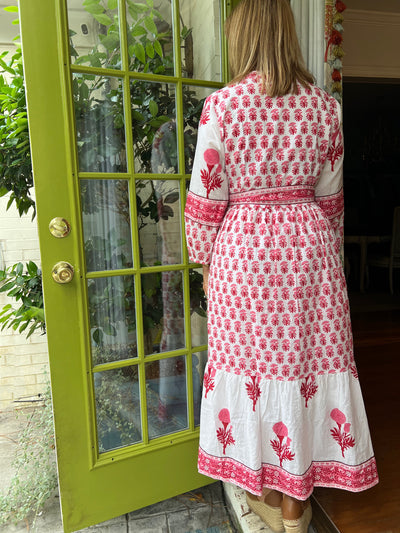 Oxford Block Print Maxi Dress in Red