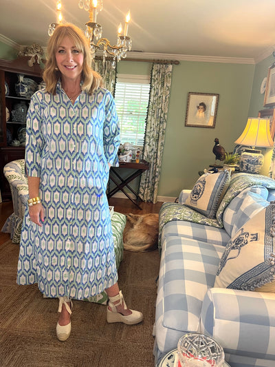 Kensington Blockprint Midi Dress in Green Geometric