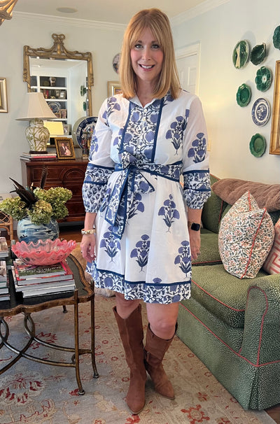 Emma Marigold Block Print Mini Dress in Navy