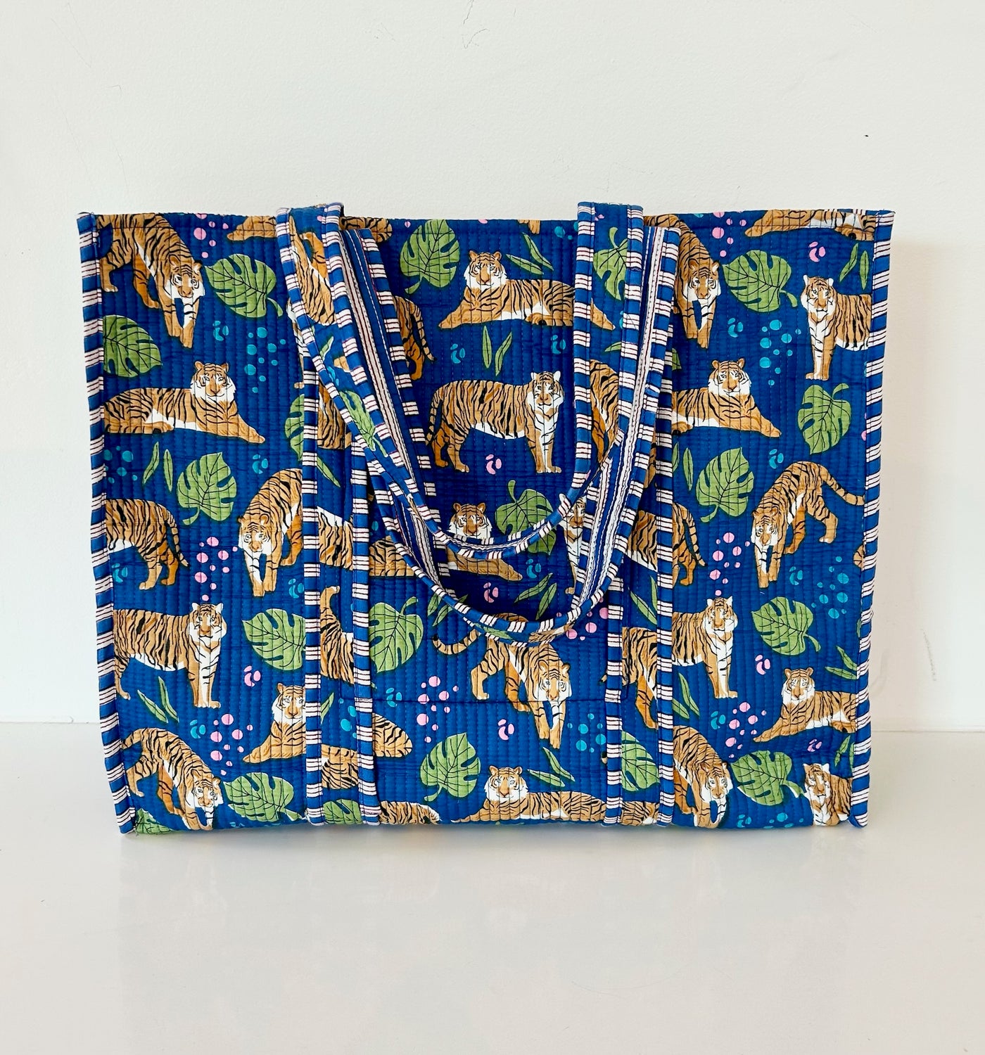 Block Print Blue Tiger Quilted Tote