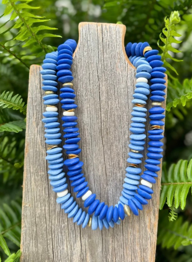 Cobalt Blue Saucer Glass Beaded Necklace