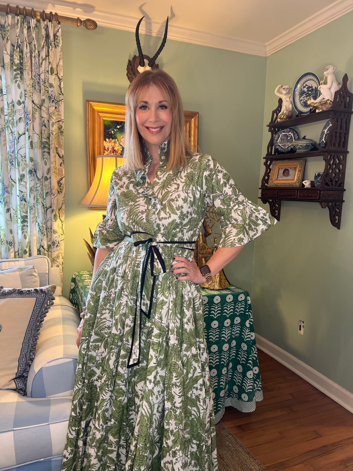 Caroline Ruffled Collar Blockprint Maxi Dress in Green