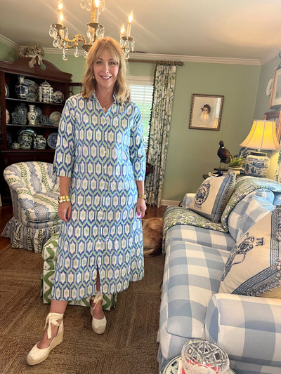 Kensington Blockprint Midi Dress in Green Geometric