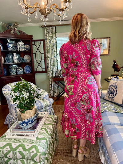 Worth Block Print Scalloped Midi Dress in Pink & Brown