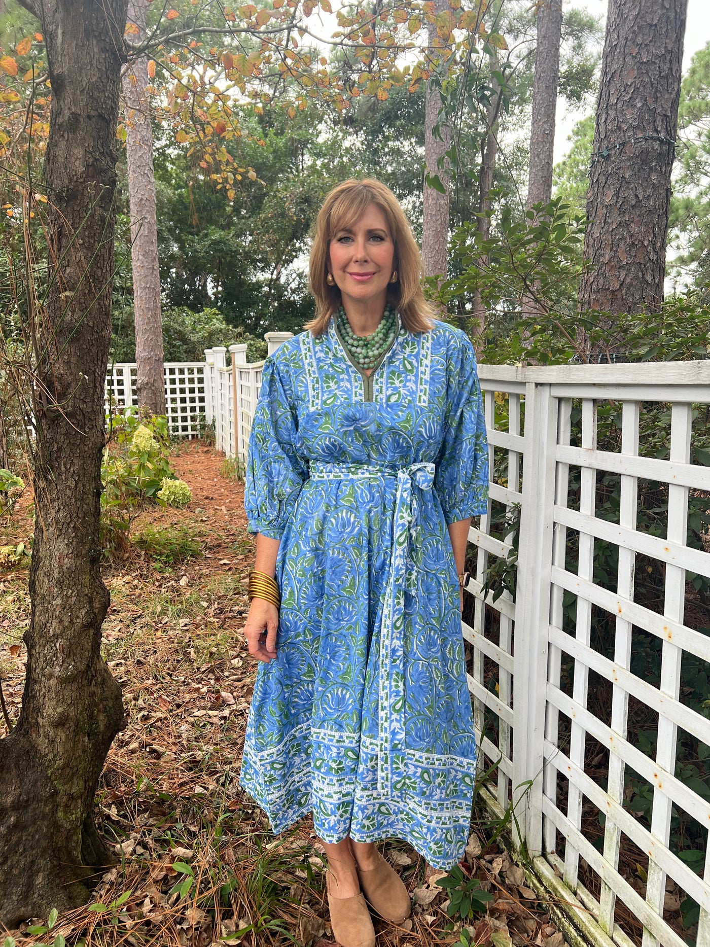 Skylar Block Print Floral Maxi Dress in Blue & Green