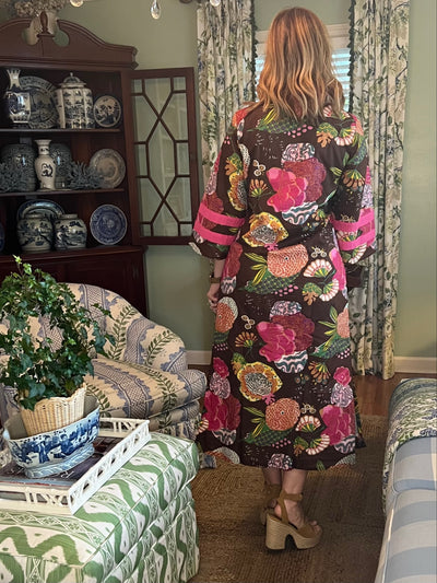 Lucy Collared Caftan Dress in Pink & Brown Floral