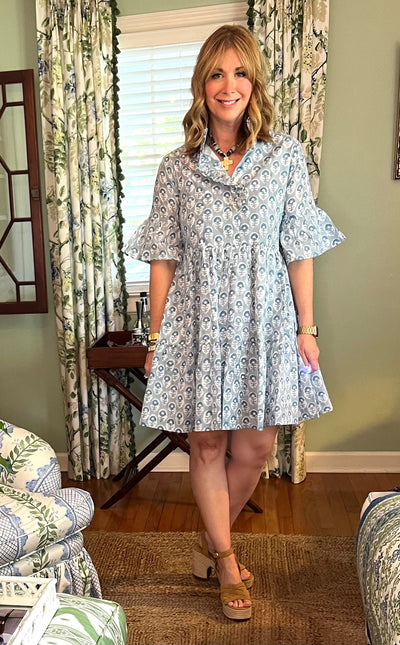 Caroline Ruffled Collar Blockprint Mini Dress in Blue Floral
