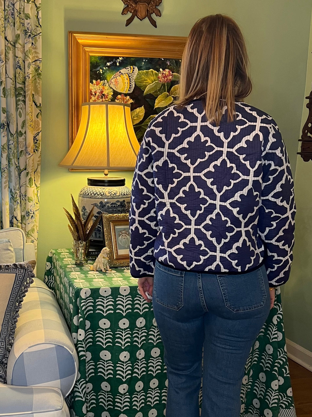 Tatum Quilted Block Print Jacket with Velvet in Blue &amp; White |  Jackets - Miss Madigan | Women&