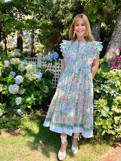 Gardenia Scalloped Sleeve Block Print Midi Dress