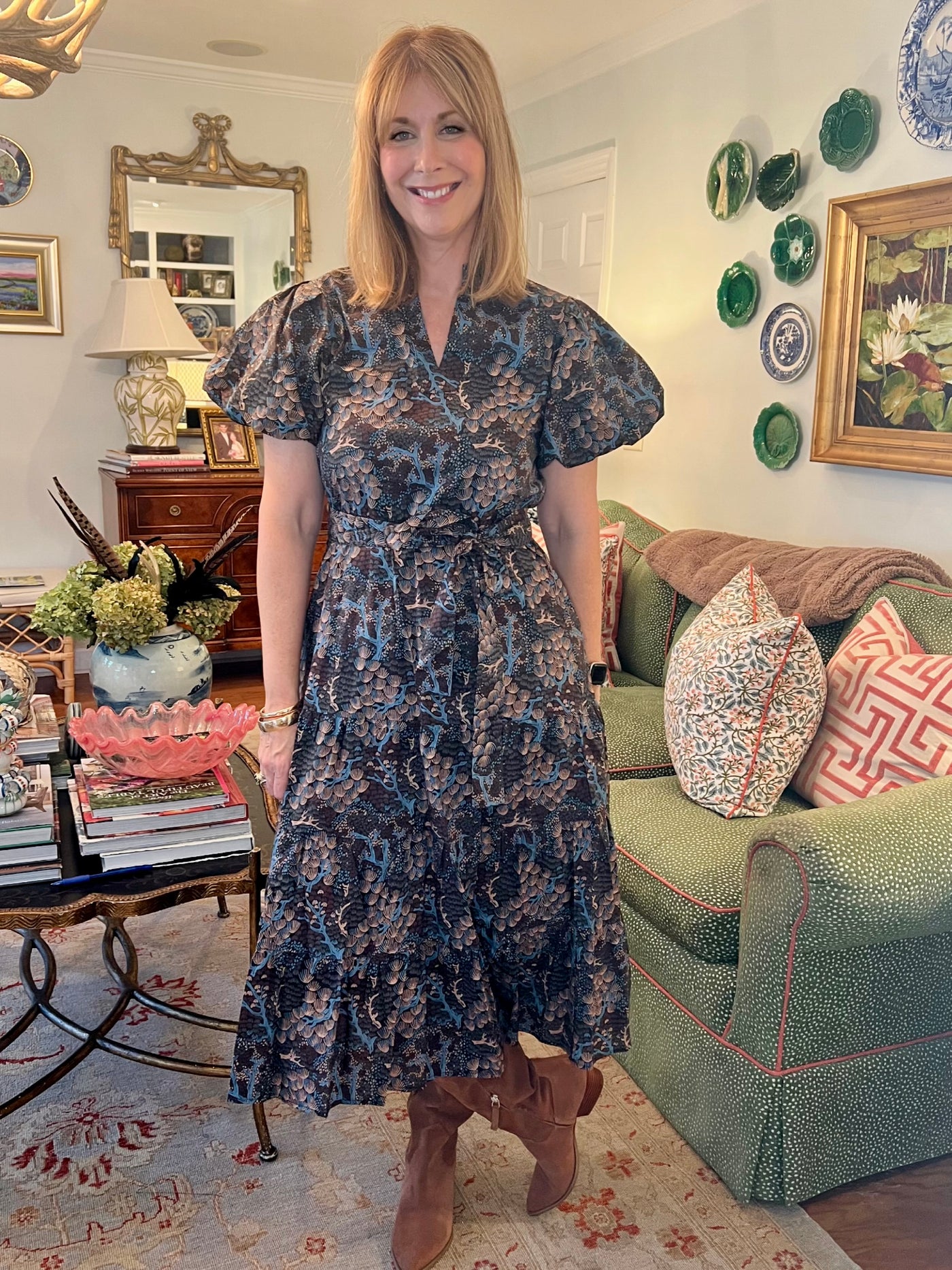Birdie Floral Puff Sleeve Midi in Brown