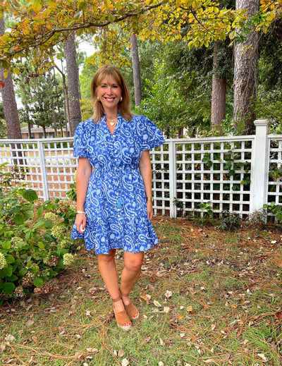 Portofino Block Print Drawstring Mini Dress in Blue