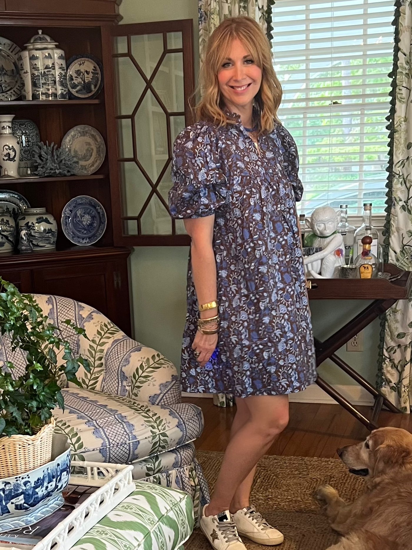Brucie Floral Swing Dress in Blue & Brown