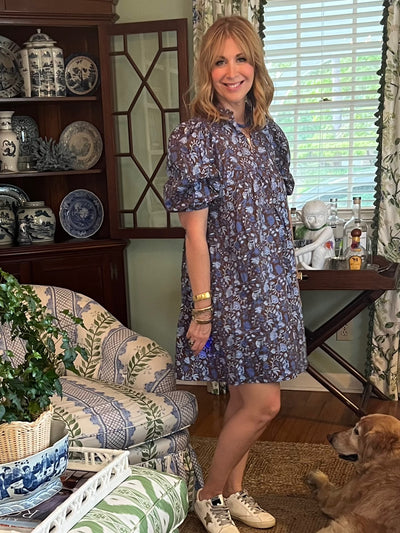 Brucie Floral Swing Dress in Blue & Brown