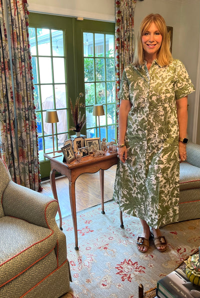 Aerin Block Print Cuffed Midi Dress in Green Toile