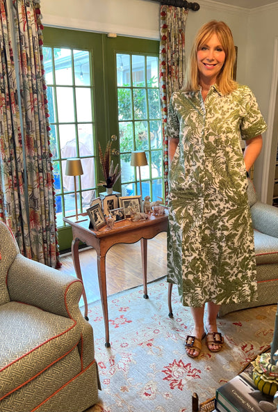 Aerin Block Print Cuffed Midi Dress in Green Toile