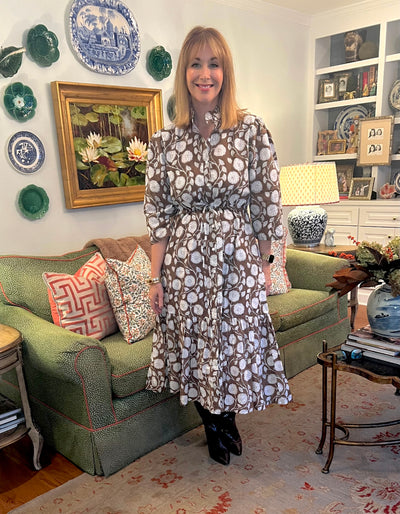 Emory Blockprint Midi Dress in Brown