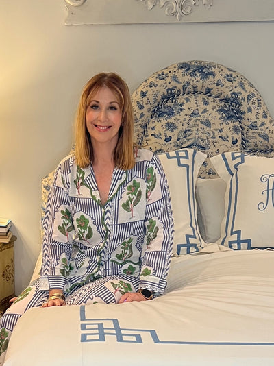 Long Sleeve Scallop Pajama Pant Set in Blue Stripe