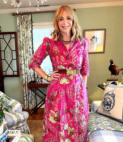 Worth Block Print Scalloped Midi Dress in Pink & Brown